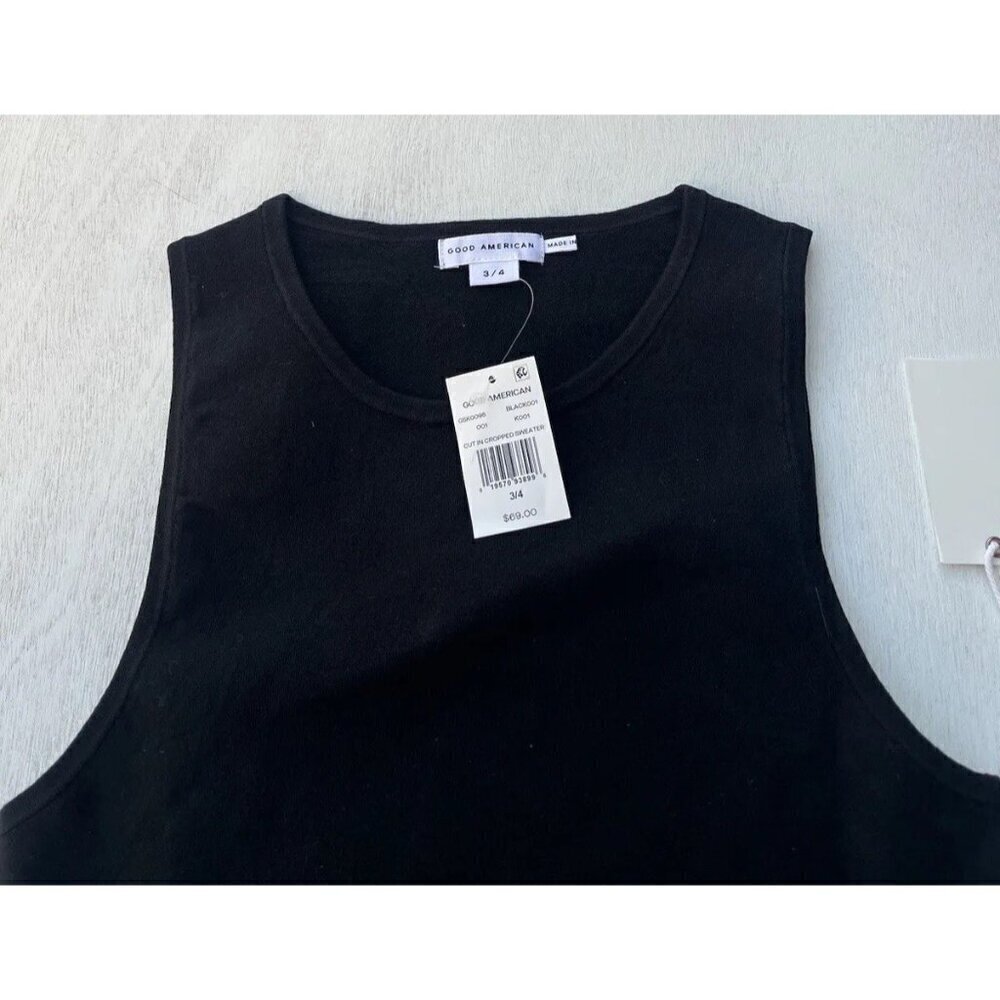 Good American Black Knit Cut In Cropped Pullover Sweater Size 3/4 - Picture 5 of 9